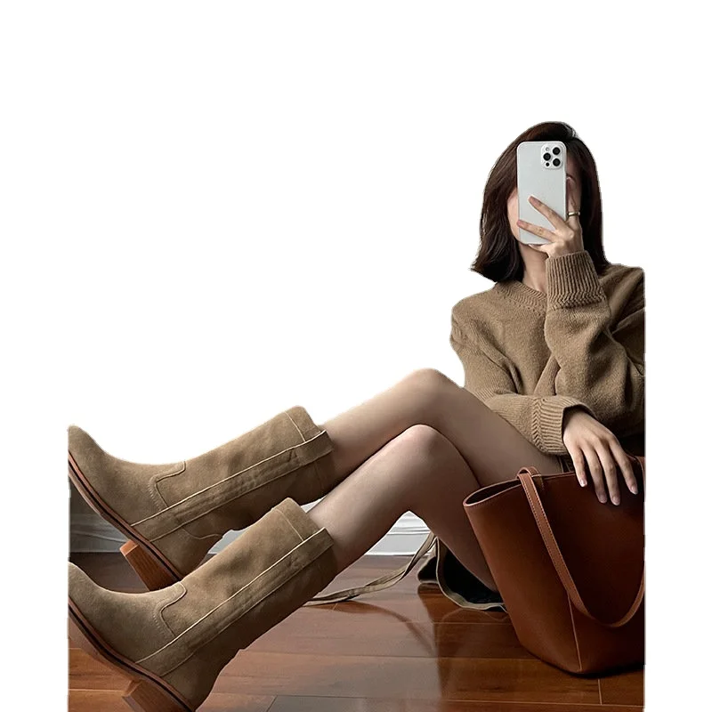

Vintage Western Woman Cowboy Boots Autumn Winter Chunky Heel Shoes For Women High Quality PU Leather Platform Boots