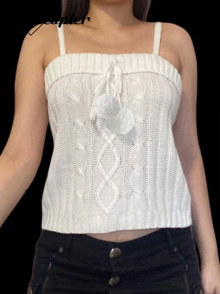 

Rapcopter y2k Knitted Mini Vest White Twist Cute Fairycore Cropped Sweats Women Korean Harajuku Aesthetic Chic Tee Tops Camis