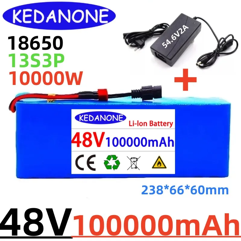 

Batería de iones de litio para bicicleta eléctrica, Pila de iones de litio de 48V, 100000mAh, 1000w, 13S3P, 100Ah, con BMS