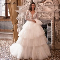2022 white elegant v neck long sleeves wedding dress a line tulle illusion applique backless bridal gown vestido de novia