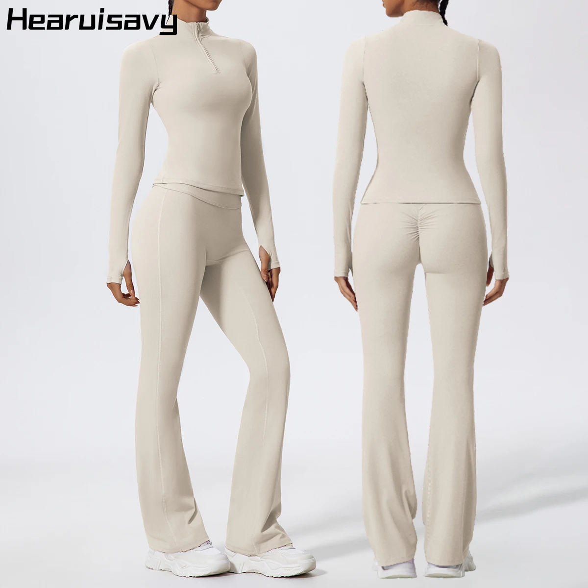 Фото Спортивный комплект Hearuisavy из 2 предметов: облегающие спортивные топы с высоким воротником на молнии и леггинсы для йоги с высокой талией, для фитнеса и тренировок, с длинными рукавами №1