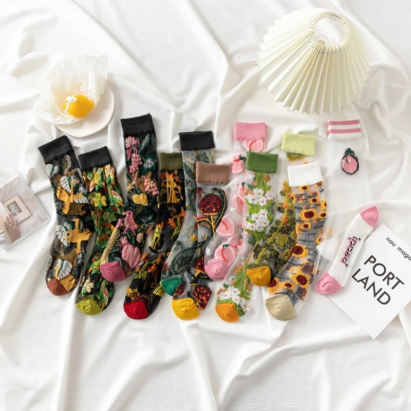 Summer New Fashion High Quality Creative Transparent Tide Socks Sunflowers Vines Flowers Animal Fruit Glass Silk Women Socks
