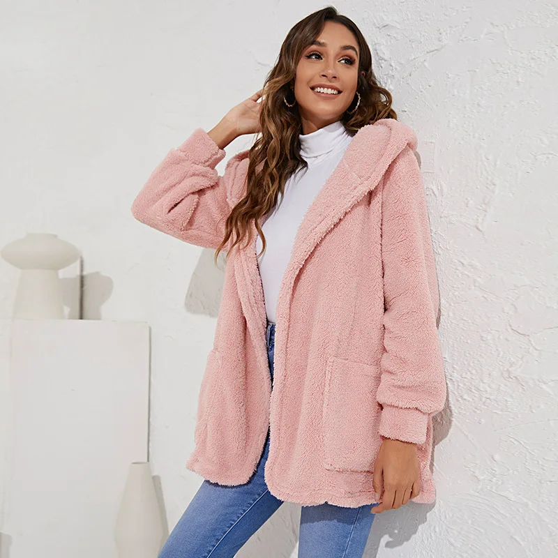 Autumn Winter 2022 Warm Plush Hooded Jackets Women's Faux Fur Coats Vintage Loose Thick Casual Jacket Women