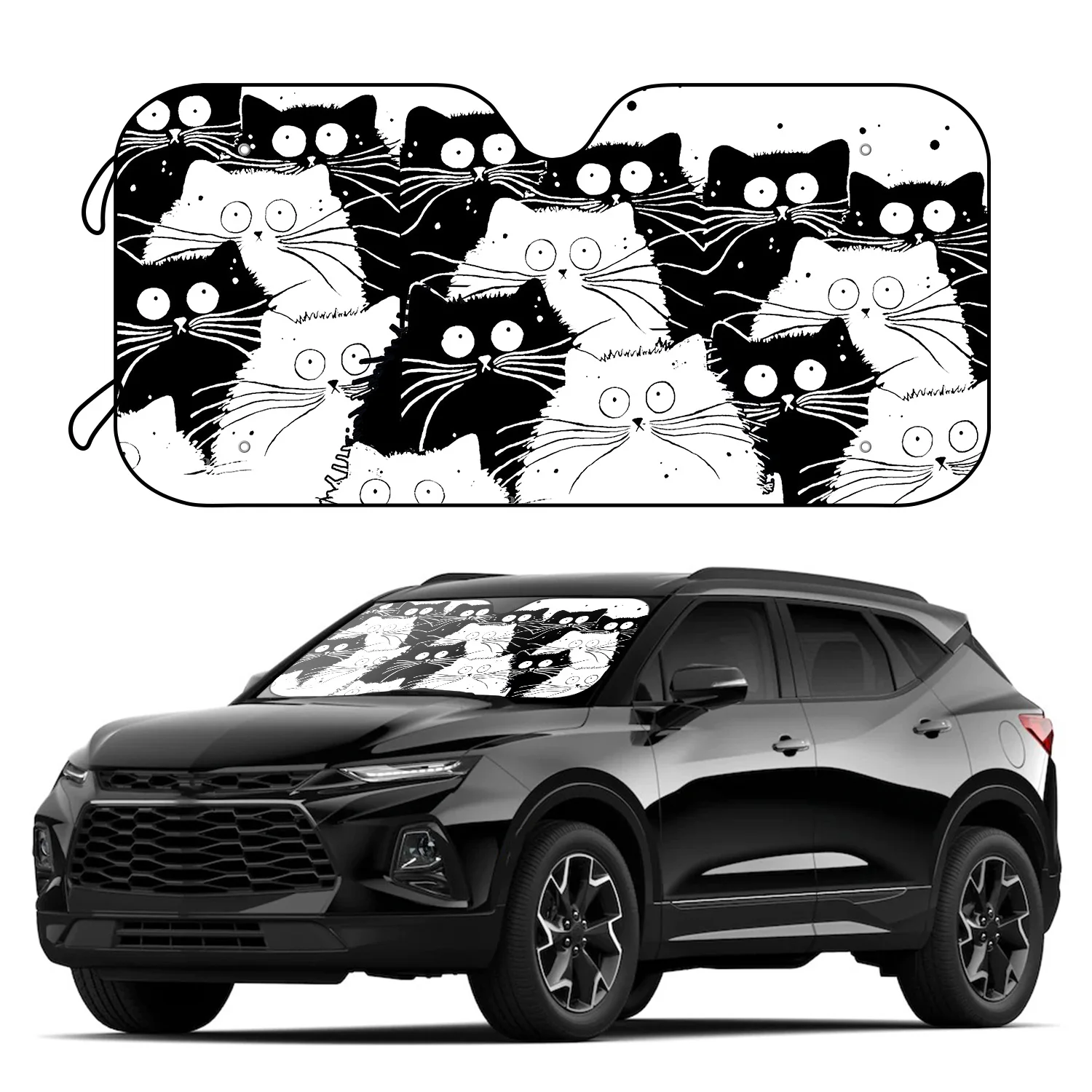 

1pc Cartoon Black And White Cat Car Parasol Block UV Protect Your Car From The Sun With Accessories 4 Free Suction Cups Foldable