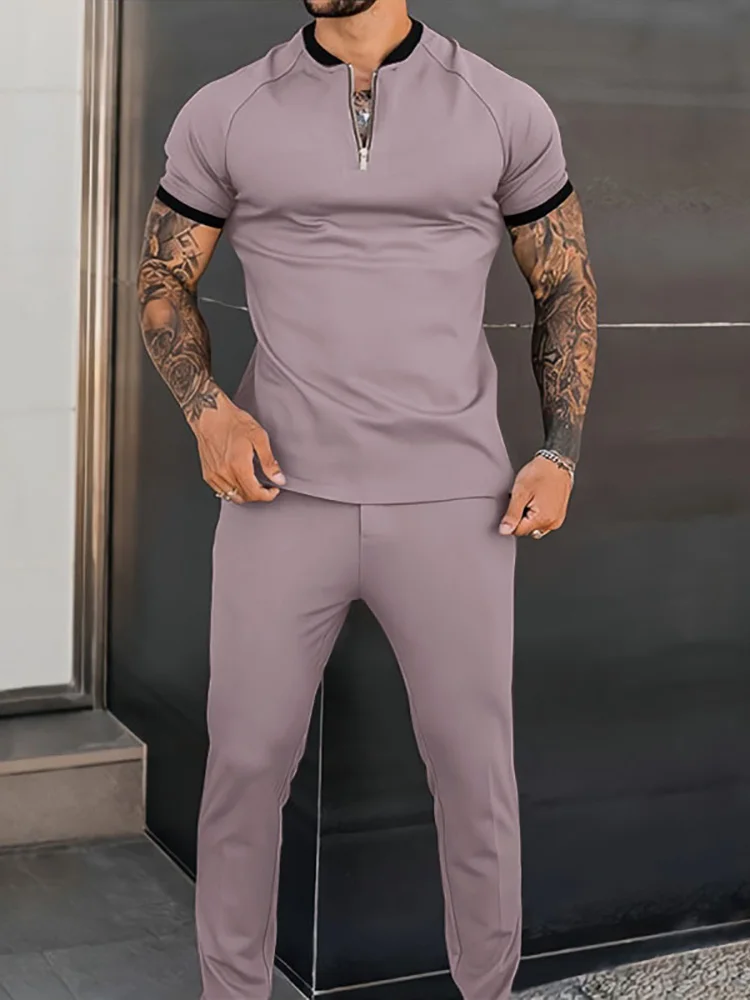 

2022 New O-Neck Zipper T shirts And Slim Long Pants Outfits Mens Casual Suits Summer Casual Solid Tracksuit Men Two Piece Set