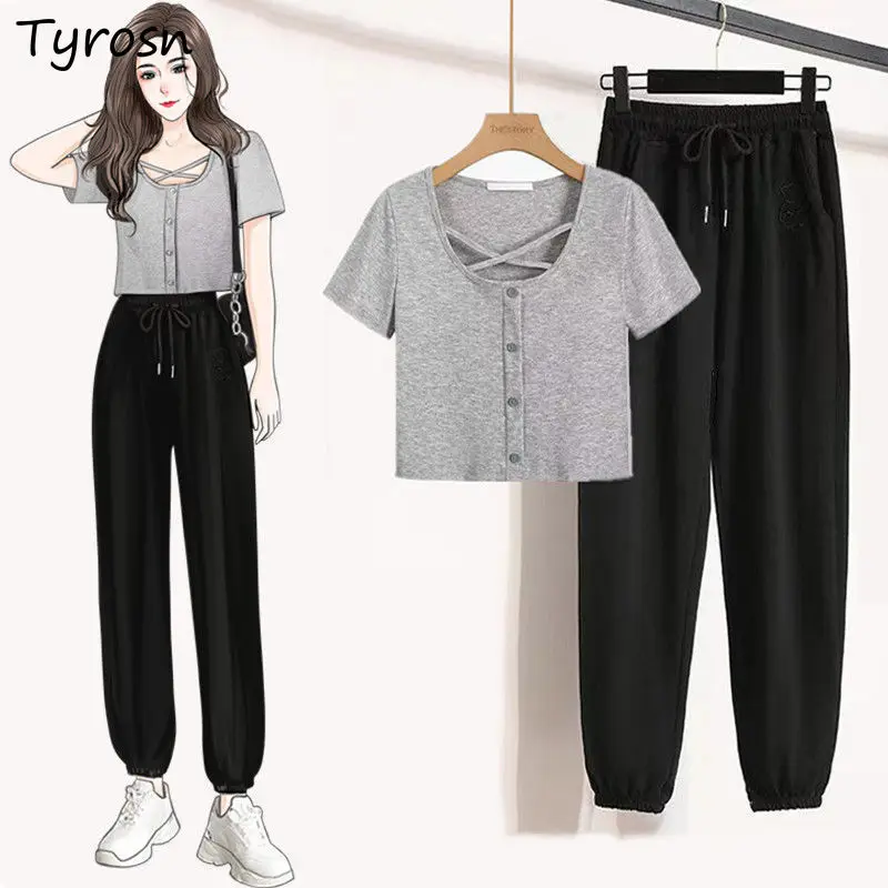 Sets Women Design Hollow Out Sexy Button Cropped T-shirts Solid Drawstring Tie Feet Empire Wide-leg Pants Teens Korean Fashion