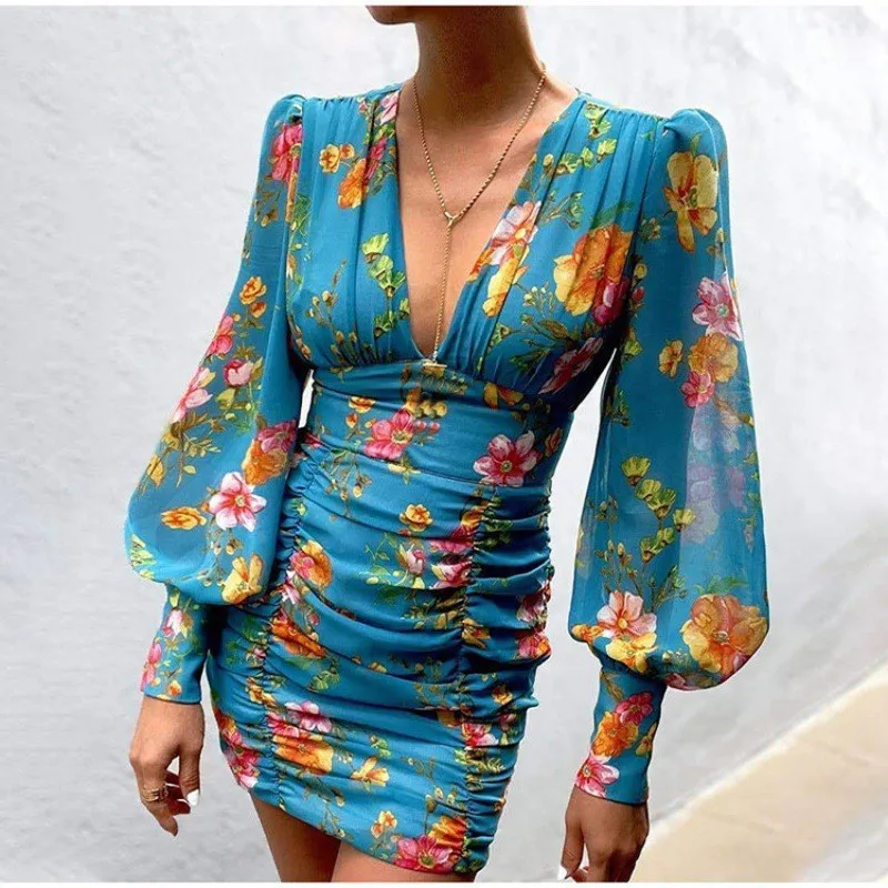 

2022 Spring And Summer Women Print Deep V Lantern Sleeves Pleated Sexy Dress
