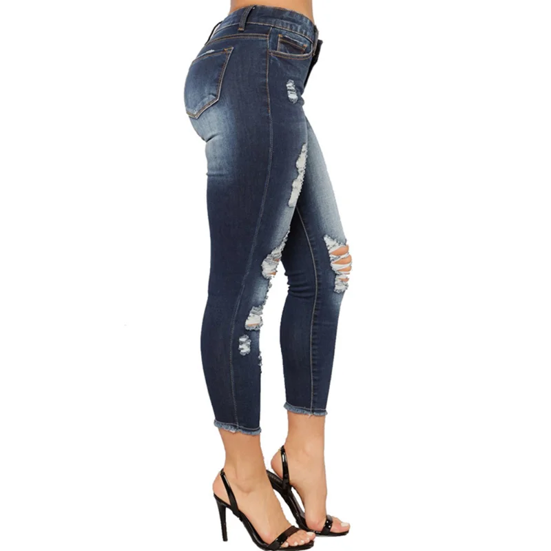 Ripped elastic stretch jeans ladies slim jeans ladies jeans ladies high waist tight pencil denim pants embroidery