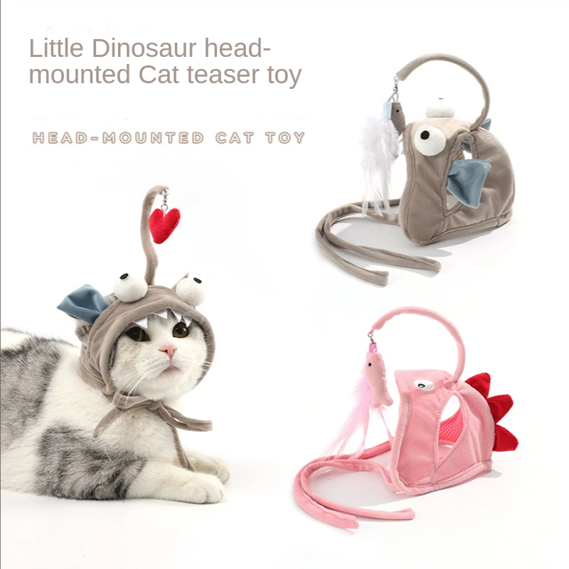 

Cat Toys Interactive Wearing Dinosaur Headgear Feather Cat Stick Kitten Supplies Pets Toys Funny Toy Stick Gray Bigeye Fun