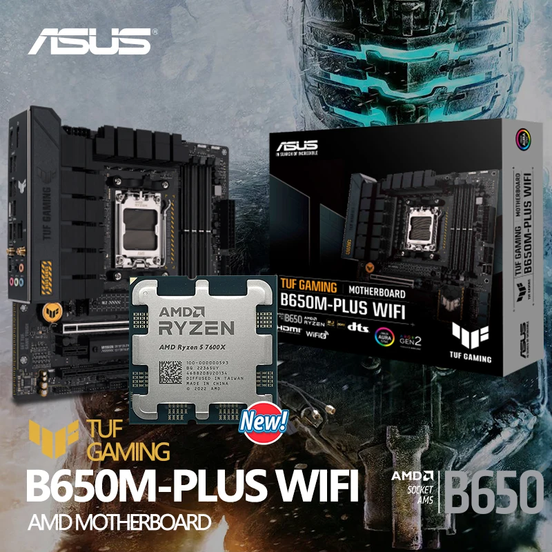 

AMD Ryzen 5 7600X R5 7600X + ASUS TUF GAMING B650M PLUS WIFI Micro-ATX B650 Motherboard Set Kit Ryzen CPU All New Without Cooler