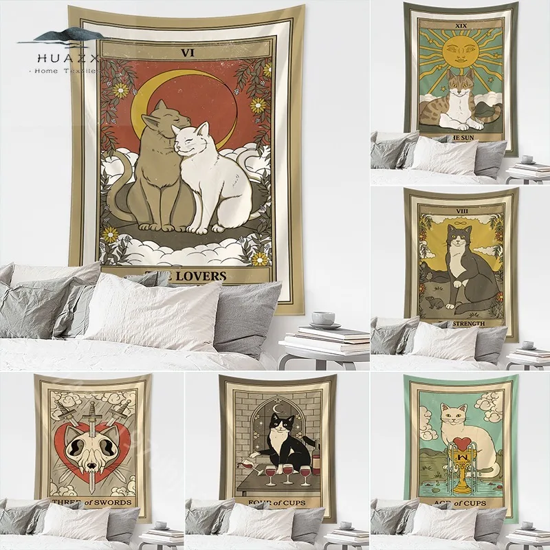 

Kawaii Cat Tarot Tapestry Wall Hanging for Cartoon Cats Tapestries Mysterious Psychedelic Witchcraft Tapiz Hippie Room Decor