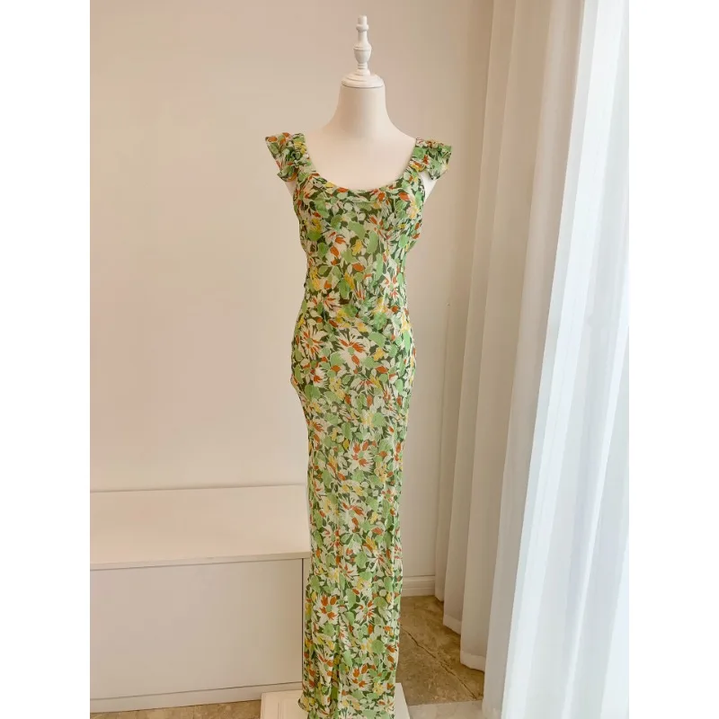 

2023 Spring Summer Top Quality Women Fashion Silk Prairie Chic Green Floral Printed Sleeveless Flouncing Ruffles Midi Dress