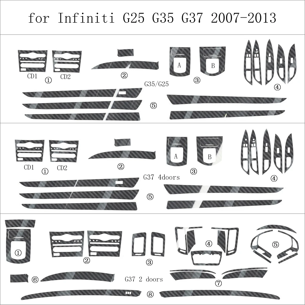 

Углеродное волокно для Infiniti G25 G37 2007-2013, пленка для автомобиля, внутренние наклейки, центральная консоль, приборная панель, Воздушная дверная ручка, панель подъема