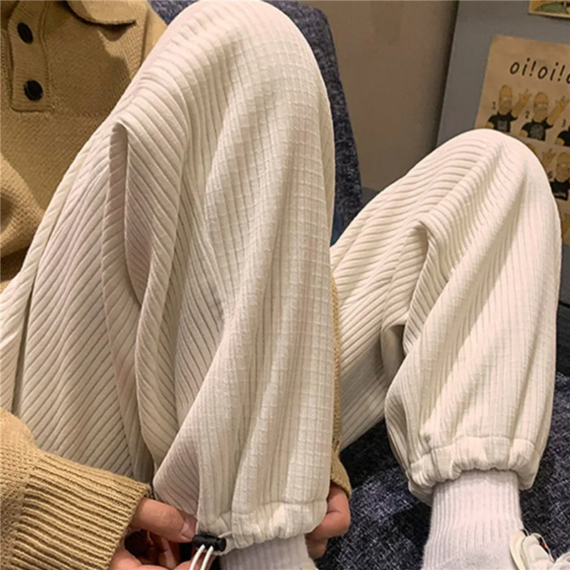 

Man Casual Tie Leg Straight Pants Woman Corduroy Solid Color Oversize Trousers Man Warm Korean Streetwear Pants