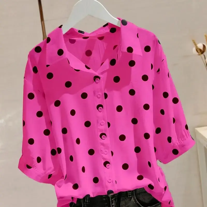 Fashion Printed Lapel Button Loose Polka Dot Blouse Female Clothing 2023 Summer New Oversized Casual Pullovers Office Lady Shirt