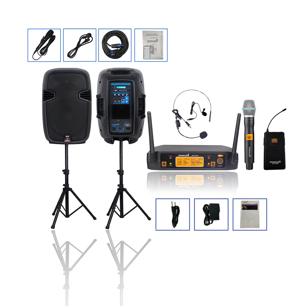 

12" PA Active USB Speakers 2000W Powered Speaker UHF Wireless Microphones 1 Handheld 1 Headset Studio Audio Microphone system