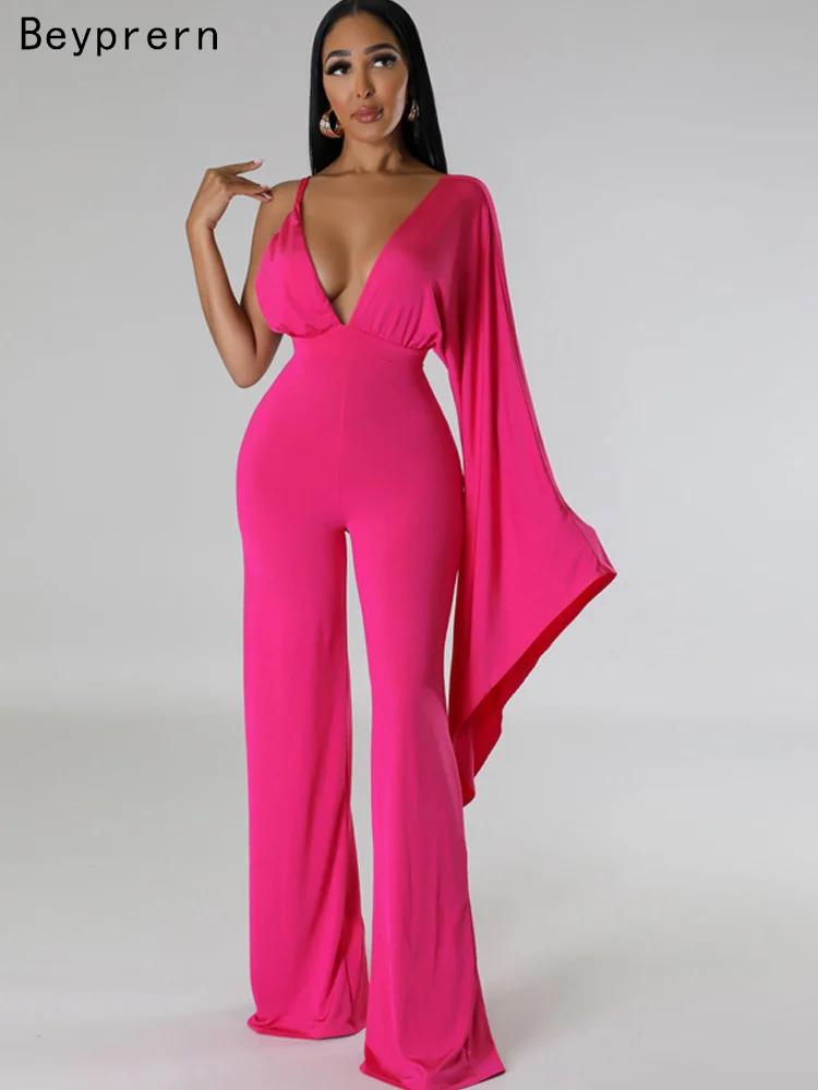 

Beyprern Chic Single Left Long Sleeve Open Back Wide Legs Jumpsuits Festival Outfits Tight Overalls For Women Party Club Wear