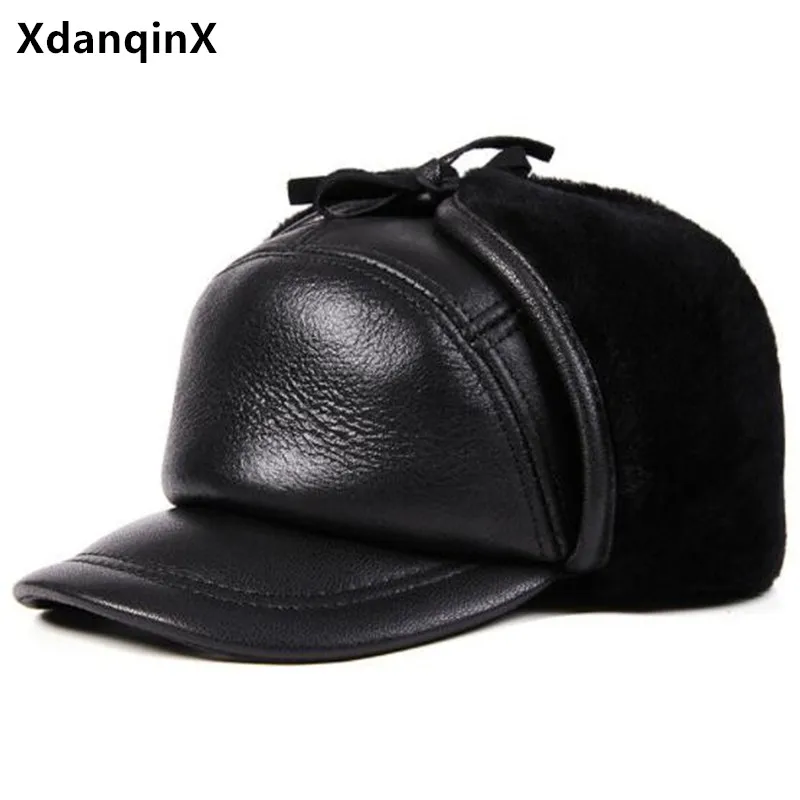 2022 Winter New Fur Hats For Men Natural Leather Cap Fleece Thickening Bomber Hat Cold Protection Warm Earmuffs Hats Trucker Hat