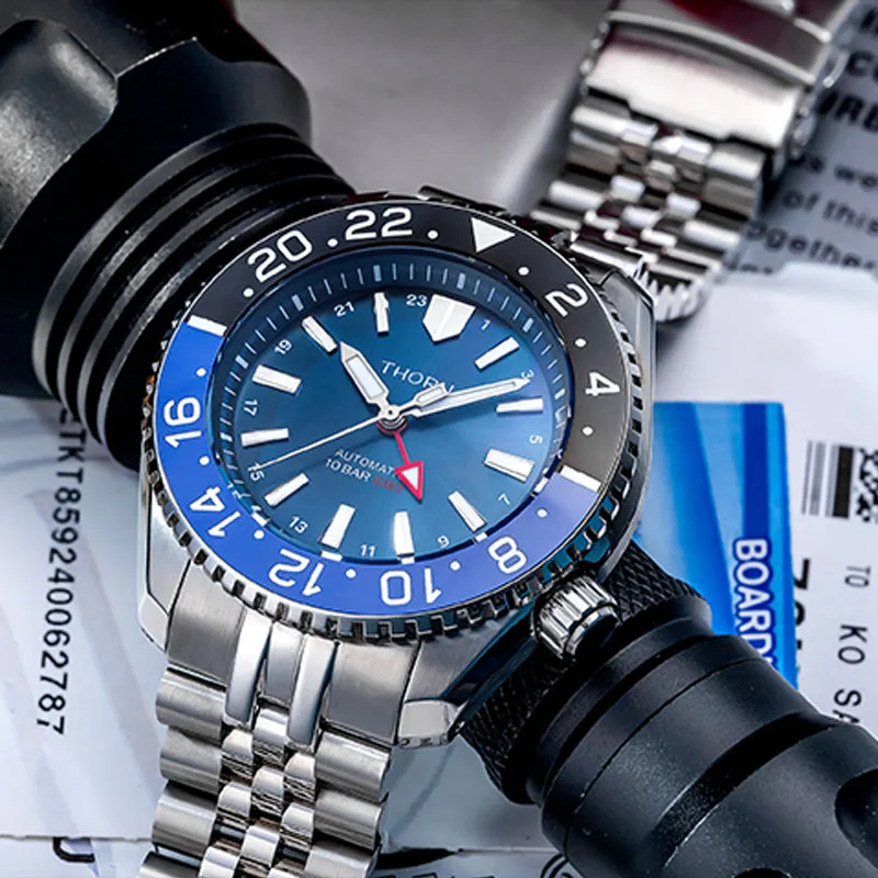 

THORN GMT Watch For Men Hangzhou 6460 Movement Automatic Two Place Time Sapphire Glass Double Arc Glass Diving 200M Waterproof