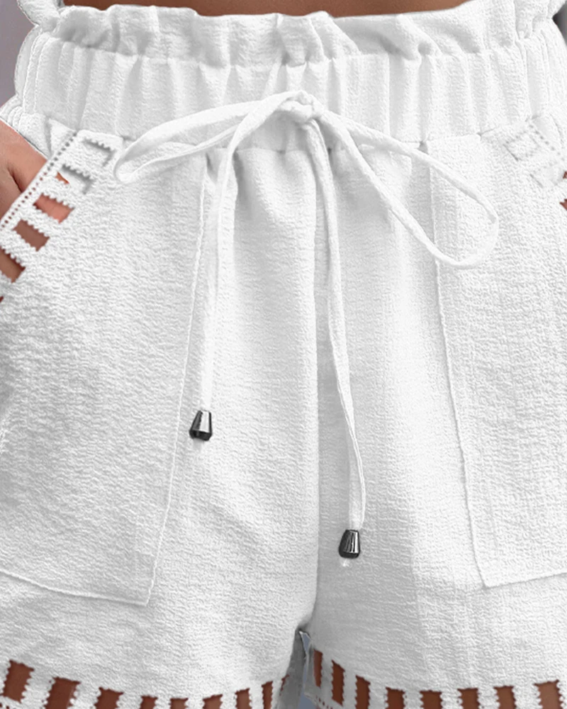 Ninimour Women Hollow Out Drawstring Belted Shorts 2023 Summer Solid Color Lace Up One Piece Suit Short Pants Casual Shorts 2023