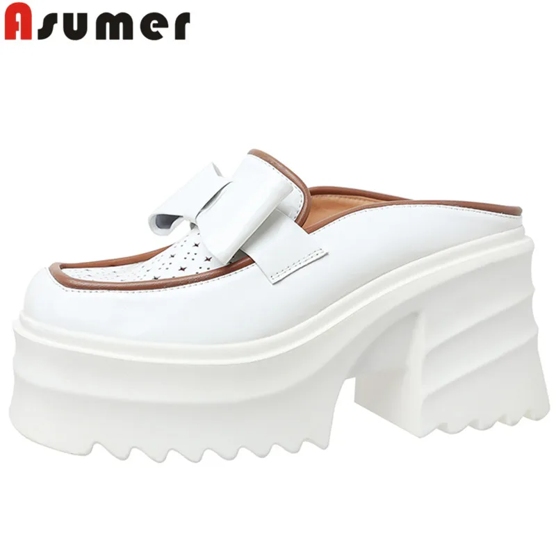 

ASUMER 2022 Size 33-41 New Genuine Leather Mules Women Slippers Thick Heels Slippers Ladies Summer Casual Platform Shoes