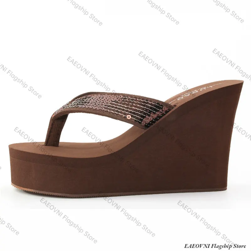 New Summer Sequin Decoration Ladies Flip-Flops Muffin Slope Comfortable Beautiful Vacation Sandals High Heel 10CM Slippers Women