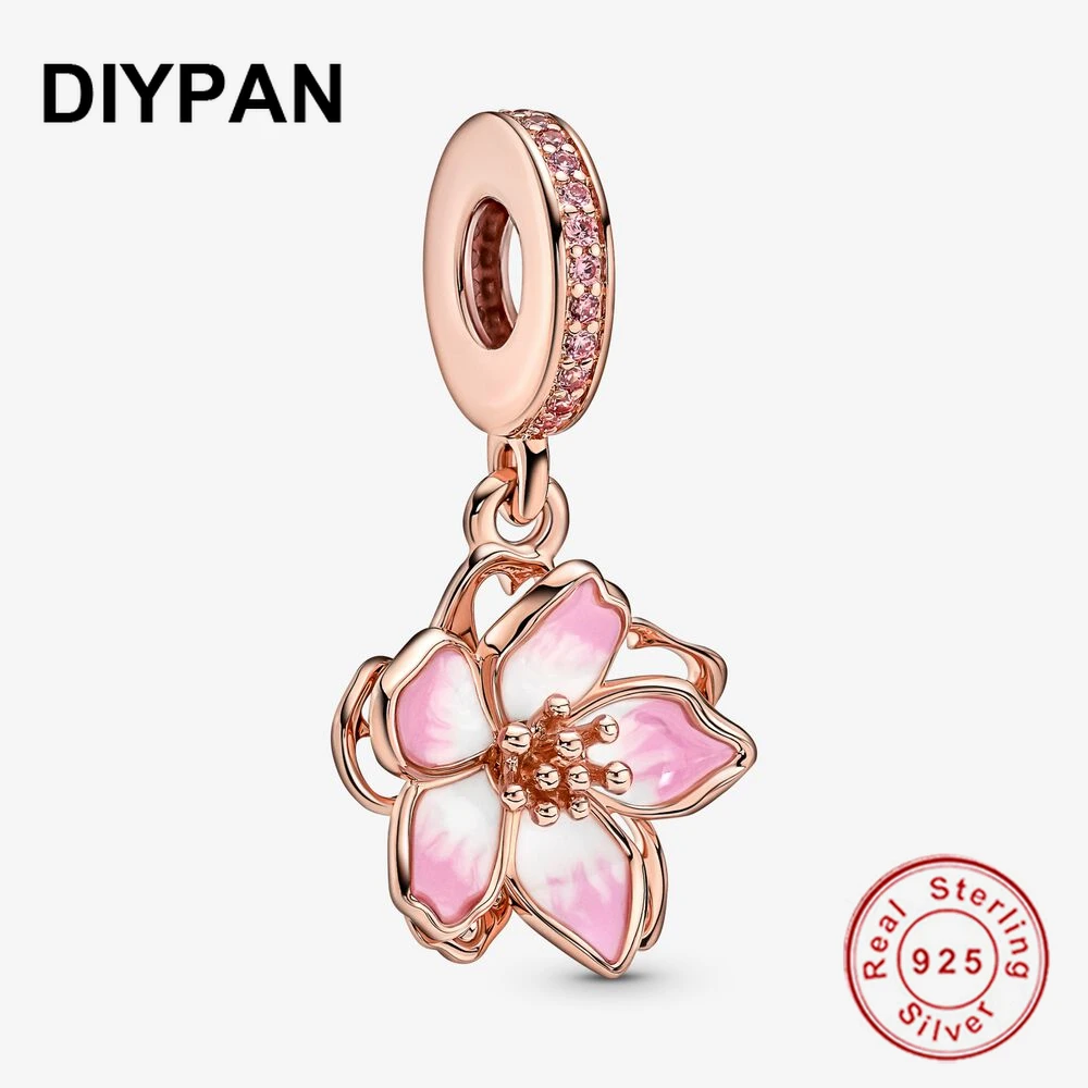 

925 Silver Cherry Blossom Dangle Charm Pendant Fit Original Bracelet Charms 925 Sterling Silver Charm Berloque