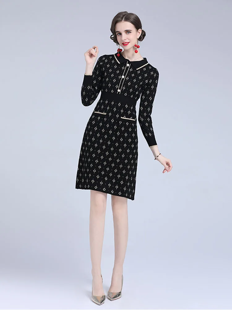 

2022 Winter Women's Dress Mid Waist Polo Collar Long Sleeve Black Fashionable Temperament Comfortable Dress B127
