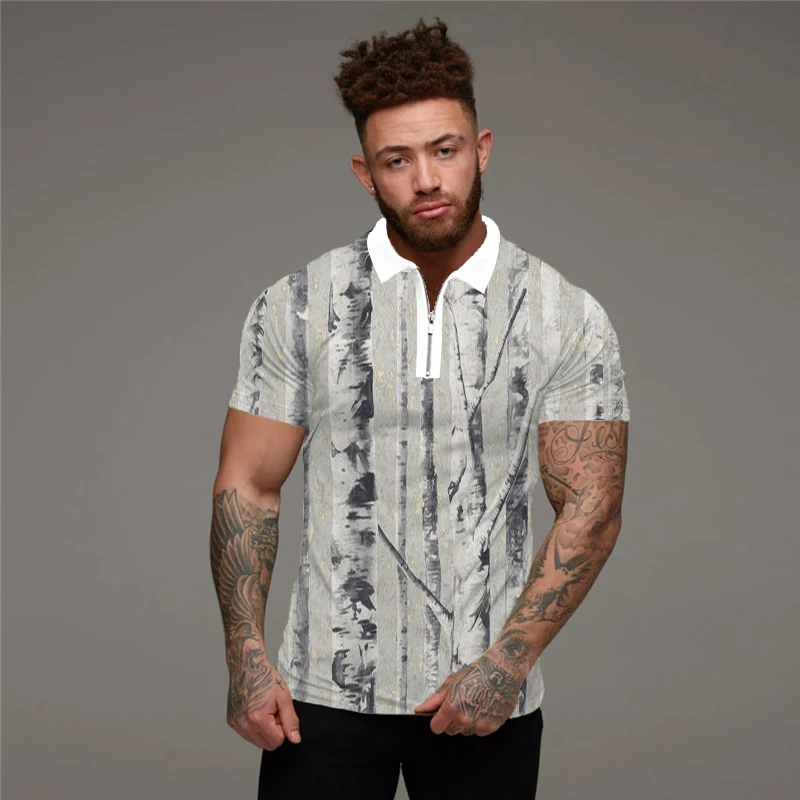 

Мужская Повседневная рубашка-поло, рубашка в полоску с короткими рукавами и отложным воротником, на молнии, лето 2021