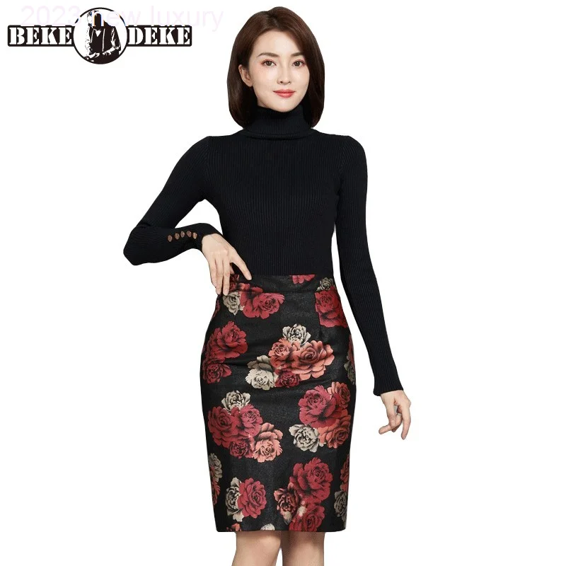 

Leather Wrap Genuine Skirts Office Lady Flowers Print High Waist Knee-Length Micro-Elasticity Women Sheepskin Skirts Autumn