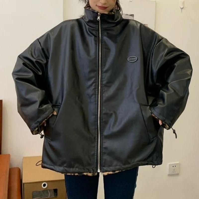 Winter Jacket Women 2022  Fashionable Chessboard Plush Thickened Cotton Padded Jacket Wear Both Sides PU Leather Parkas Coats