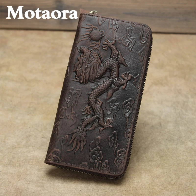 MOTAORA Chinese Style Creative Design Wallet Unisex Retro Embossed Wallets Dragon Pattern Long Men Card Holder Handmade Purse