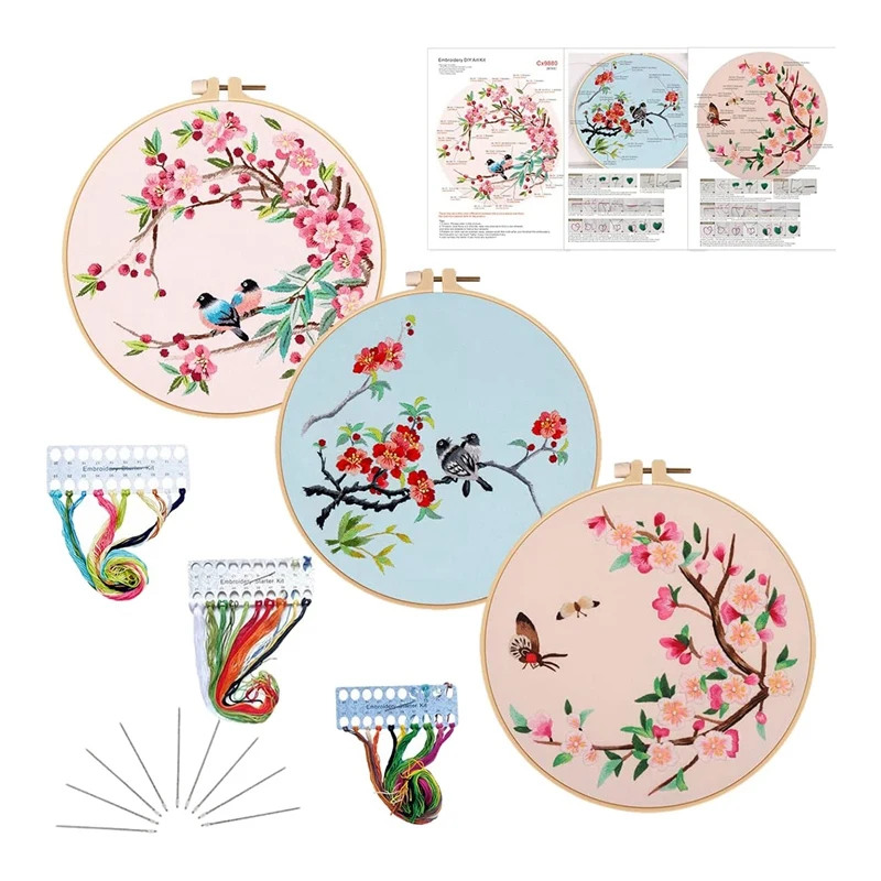 

3 Pack Birds,Flowers Embroidery Kit For Starter,3 Embroidery Hoops,3 Embroidery Patterns,9 Pc Needles.