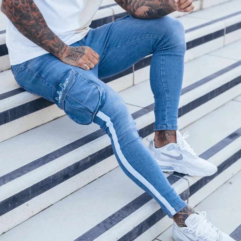 Man Elastic Waist Skinny Jeans Mens Streetwear Hip Hop Pocket Denim Pants Men Oversize High Quality Slim Blue Pencil Pants Male