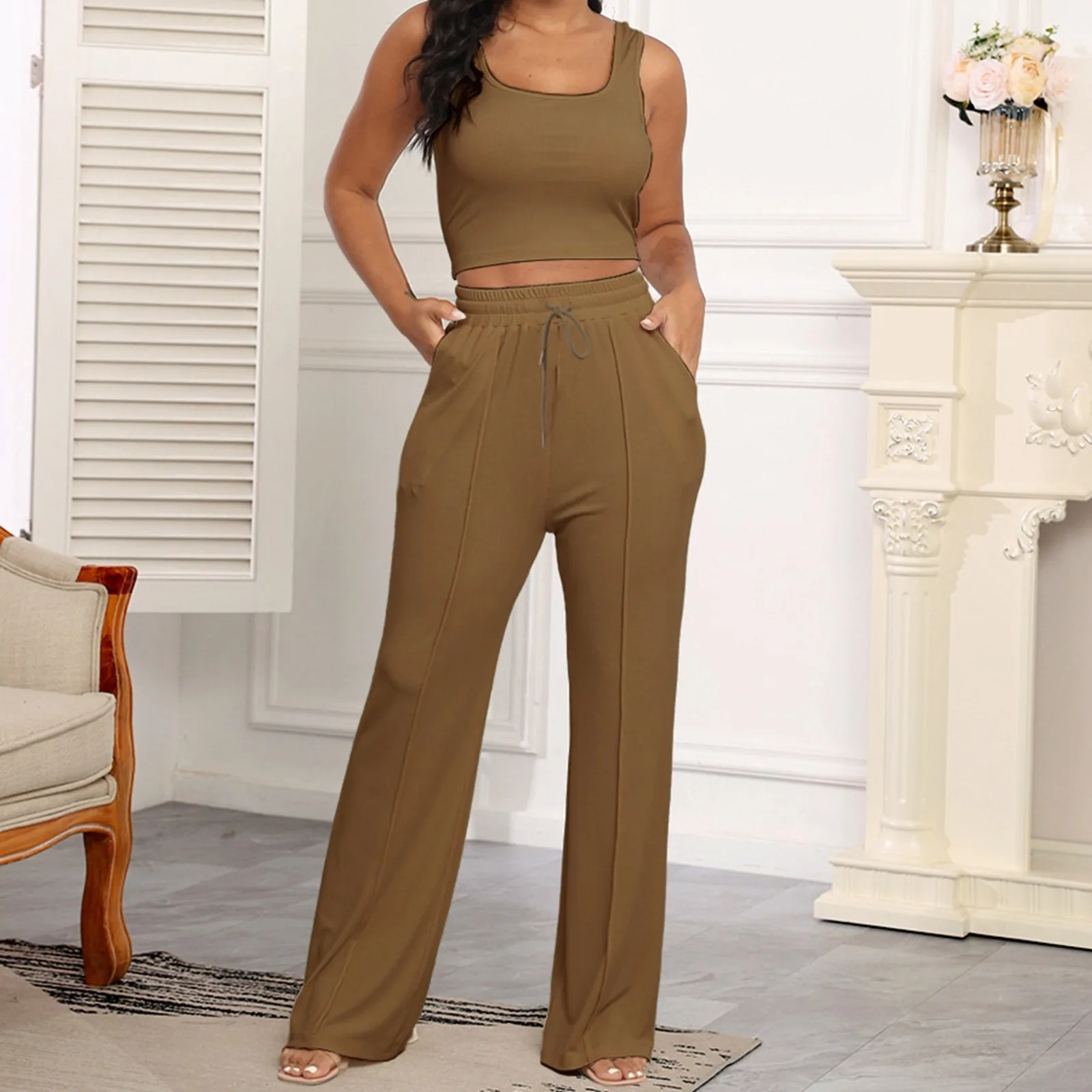 Женский брючный костюм спиральный вязаный жилет без рукавов с открытым пупком