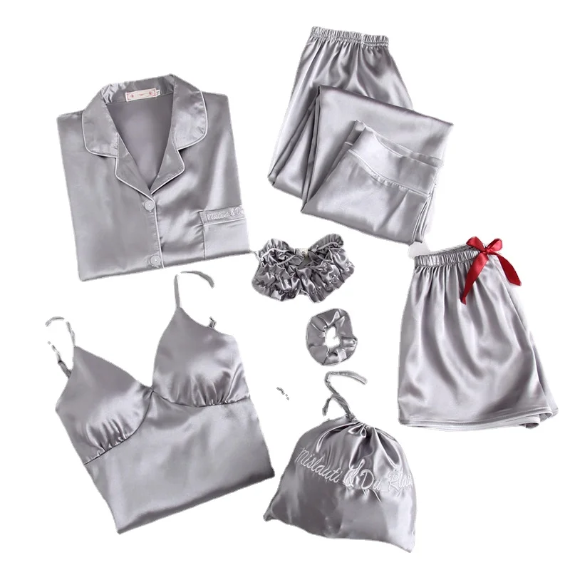 

Autumn Spring 7 Pieces Set Silk Elegant Women Pajamas stripe Shorts Long Sleeve Tops Elastic Waist Pants Full Lounge Sleepwear