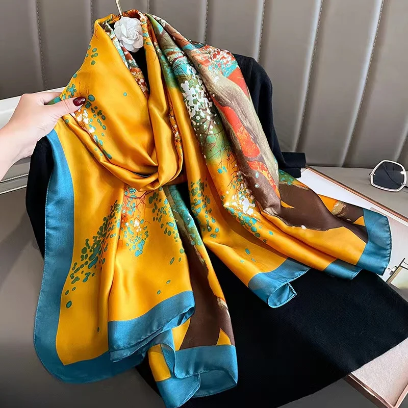 

New 180*90cm Classic Silk Scarf Women Foulard Office Lady Large Fashion Print Beach Hijab shawl warp bandanna muffler pareo