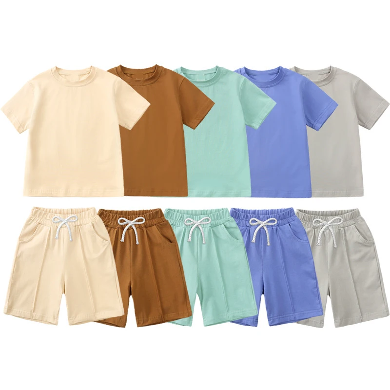 

Korea Summer Boy Girl Clothes Set Fashion Solid Color Short Sleeve T-shirt Shorts Casual Sport Suit Infant Boys Girls Clothings