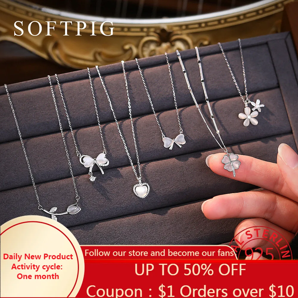

SOFTPIG Real 925 Sterling Silver Opal Heart Flower Pendant Choker Necklace for Women Light Luxury Fine Jewelry Accessories