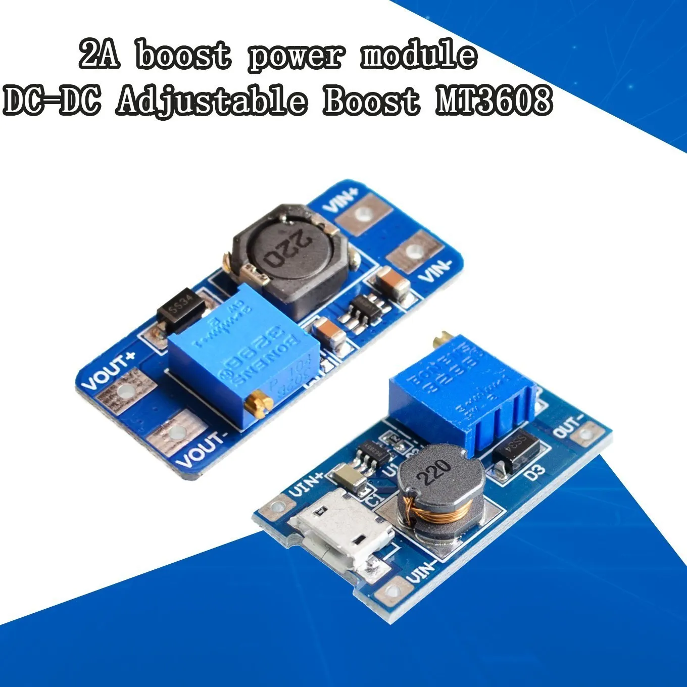 MT3608 DC-DC Adjustable Boost Module 2A Boost Plate Step Up Module with MICRO USB 2V-24V to 5V 9V 12V 28V