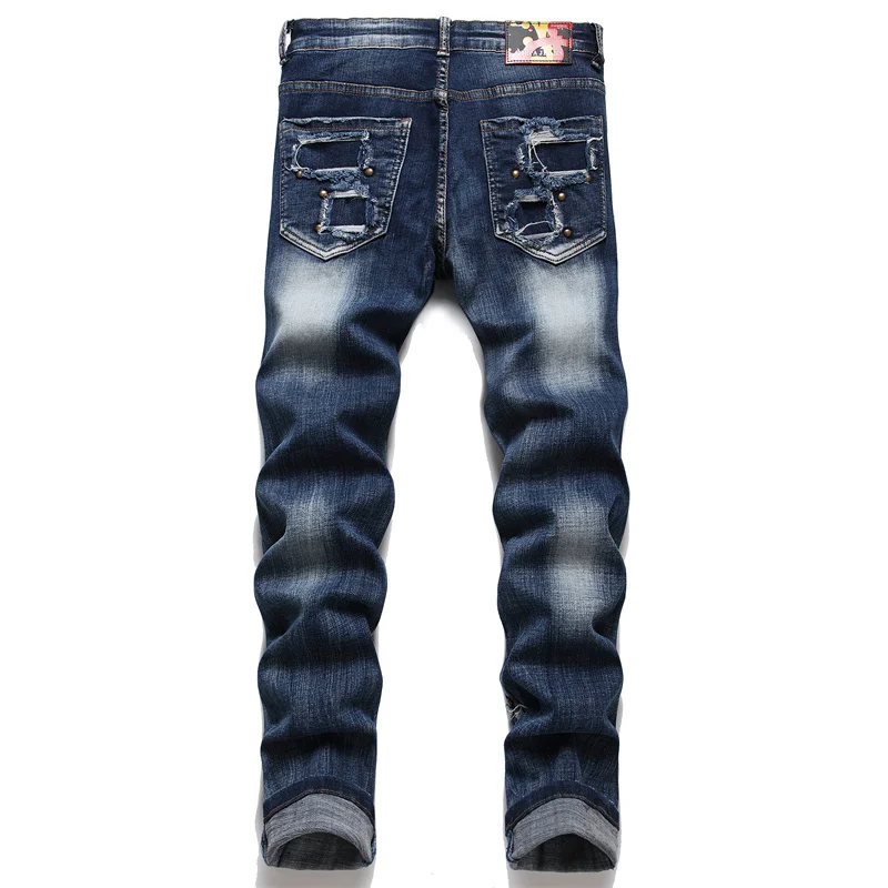 Men's Colorful Graffiti Printed Jeans Y2K Colorful Slim Fit Tapered Elastic Casual Pants Fashion Street Clothing Small Foot Pant