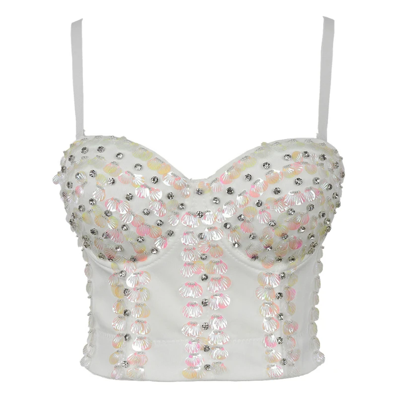 

Simple Chic Women's Corsets Top Sling Lingerie Camisole Chest Glass Sequin Fishbone Slim Bralette Cropped Top Padded Binder Bra