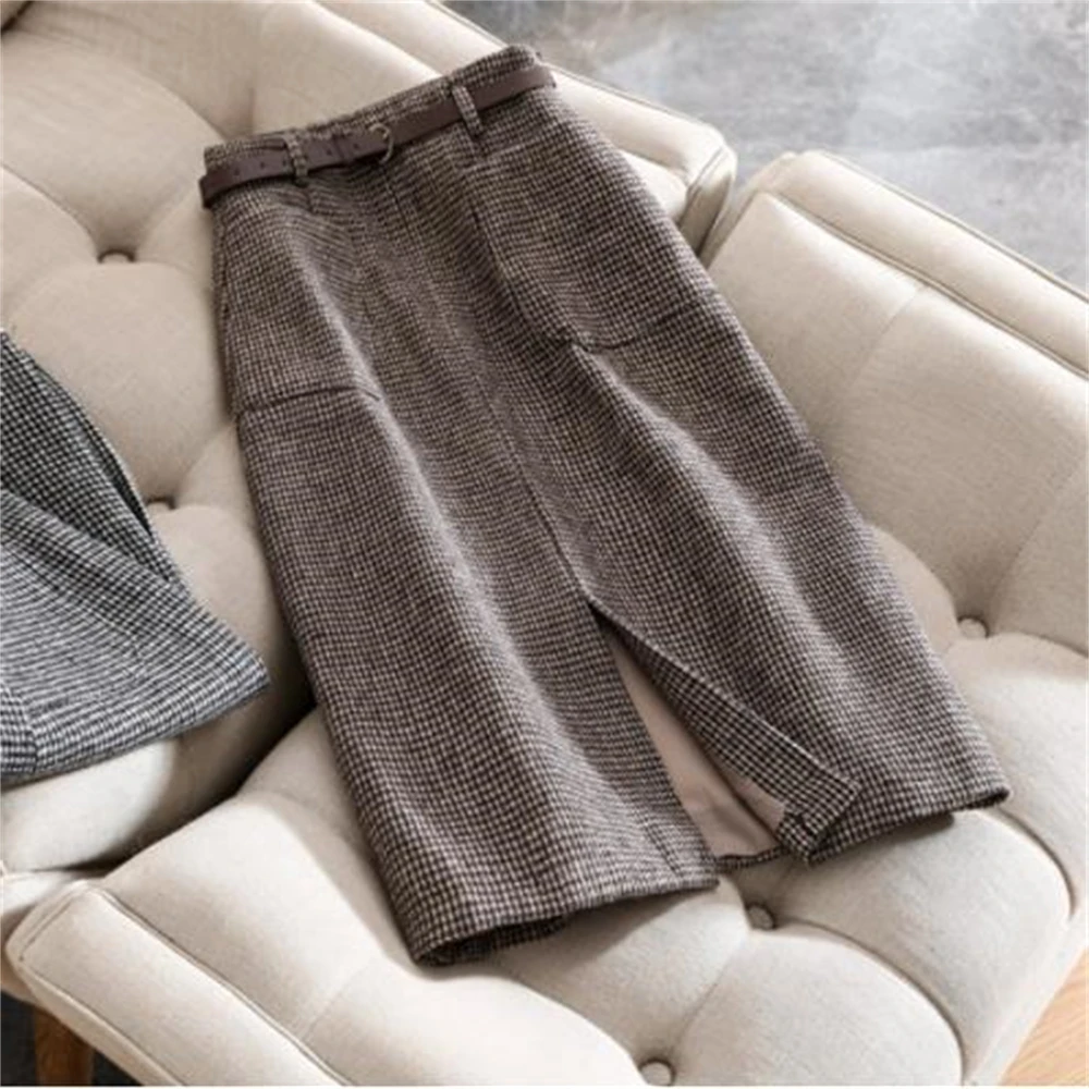 

Autumn Winter High-Waisted Skirt Belt 2022 Woolen Pockets Mid Long Slit Skirt Waistband Woman Skirts Mujer Faldas Saias Mulher