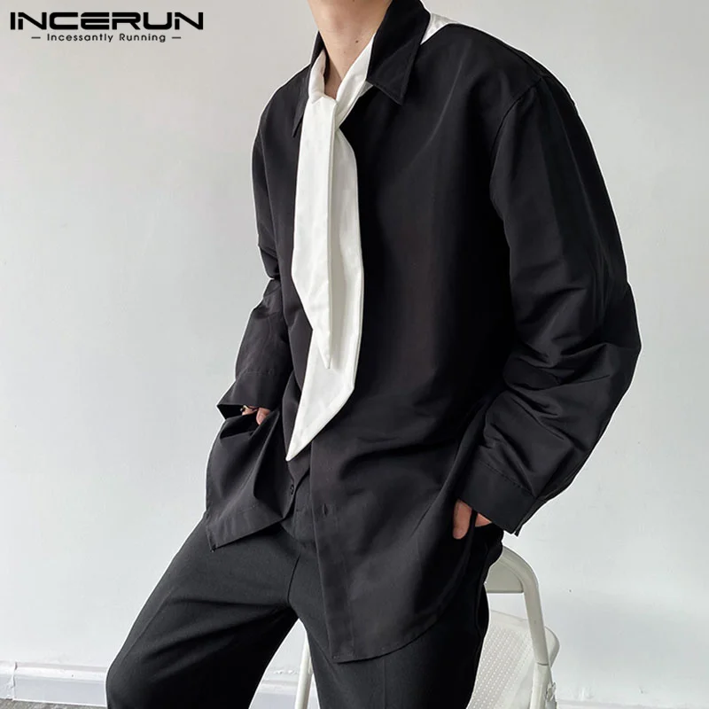 

INCERUN Tops 2023 Korean Style Men's 2Color Contrasting Color Patchwork Bow Tie Design Shirts Leisure Long Sleeved Blouse S-5XL