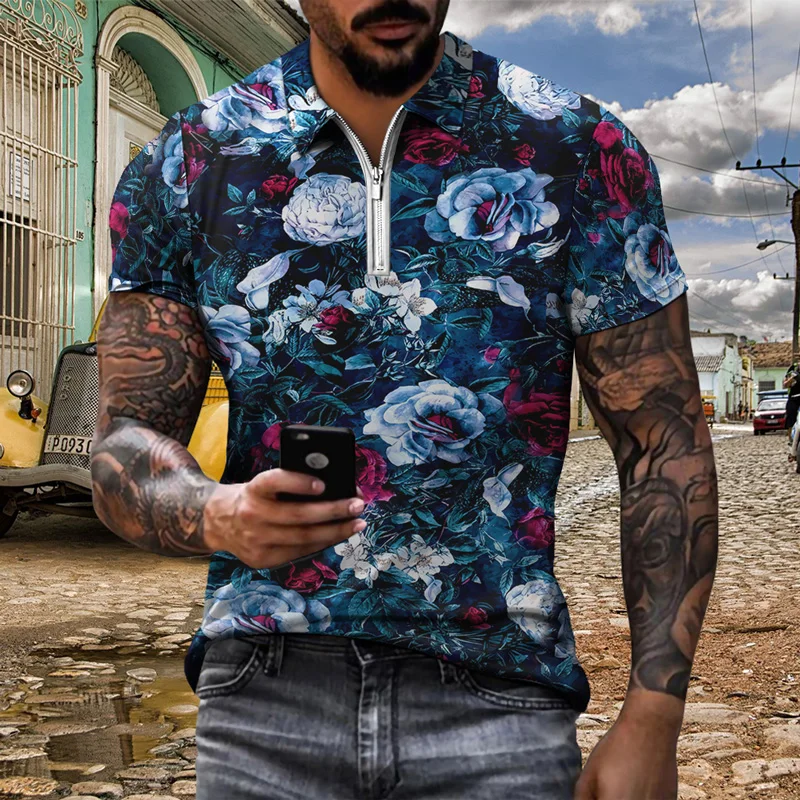 

2022 New Summer Men's Neckline Zipper Polo T-shirt Short Sleeve Shirt Casual Hip Hop Hawaiian Flower Theme 3D Print Top S-4XL