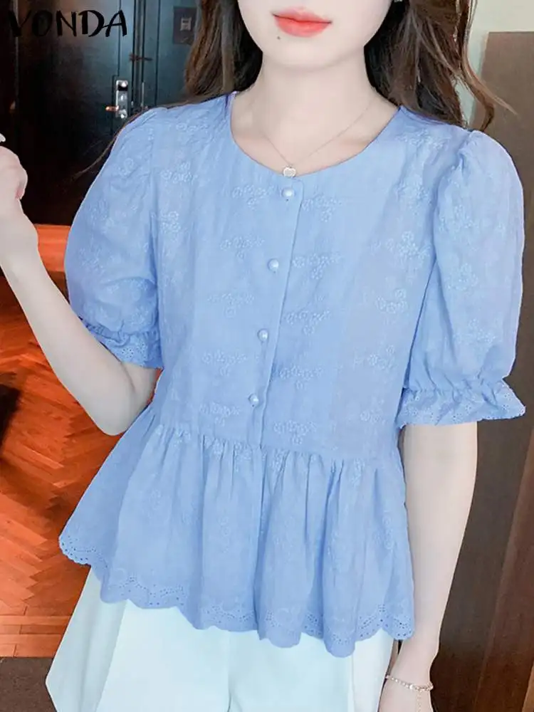 

VONDA Elegant Lace Solid Blouses Women Ruffled Shirts 2023 Summer Short Puff Sleeve Tunic Tops Casual Loose Blusas Femininas