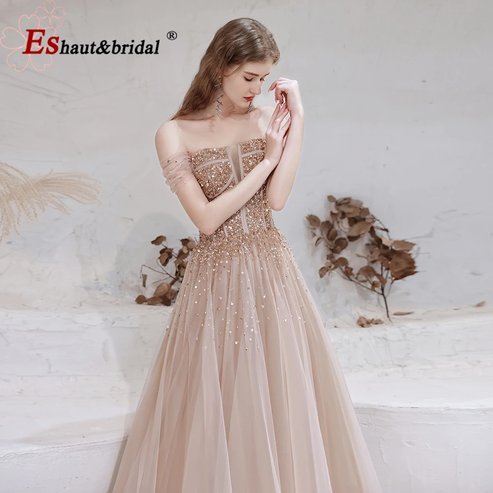 

Elegant Blush Beads Evening Night Dress for Women 2022 Off the Shoulder Sequin Aline Formal Prom Wedding Engagement Party Gown