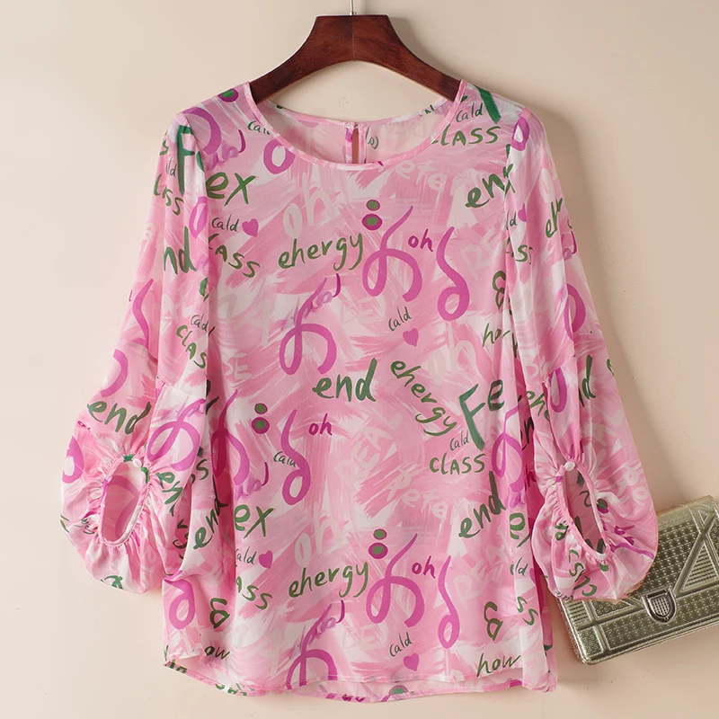 

100% Real Silk Women's Blouse 2023 Summer Elegant Shirts Vintage Blouses For Women Letter Print Tops Loose Woman Casual Shirt