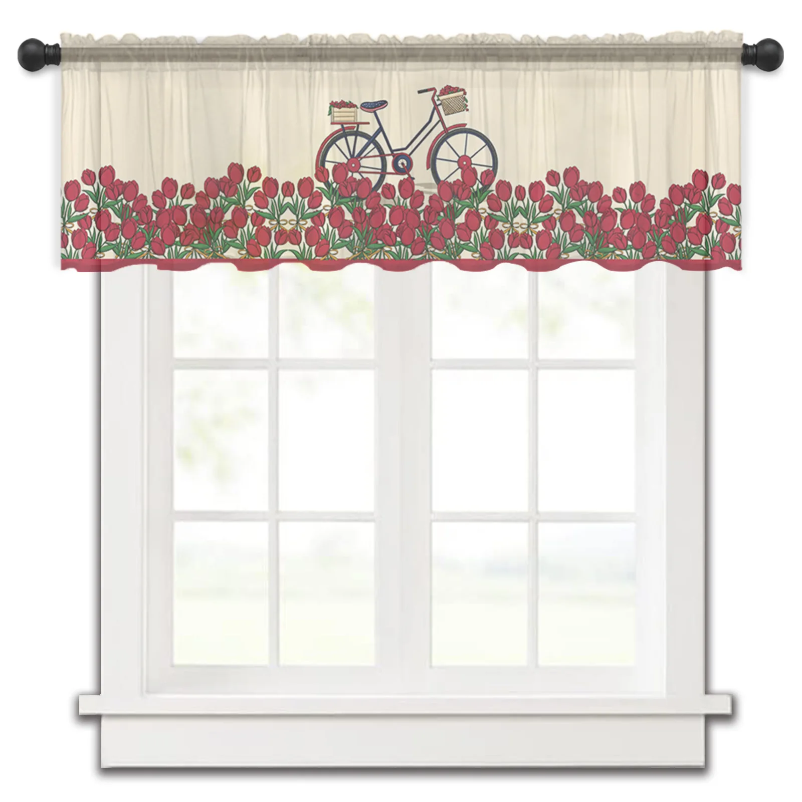 

Flower Bike Red Tulip Tulle Kitchen Small Window Curtain Valance Sheer Short Curtain Bedroom Living Room Home Decor Voile Drapes