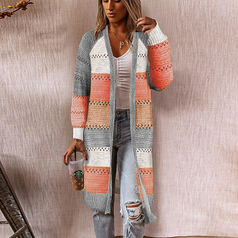

Women Cardigan Sweaters Long Knitted Coats Casual Stripe Spring Autumn 2023 Contrast Color Lady Sweater Vintage Cardigan